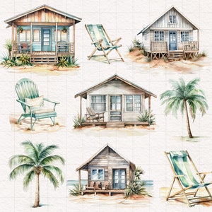 May include: Watercolor illustration of beach houses, palm trees, and beach chairs. The houses are painted in shades of blue, white, and brown. The palm trees have green leaves and brown trunks. The beach chairs are painted in shades of blue and green.
