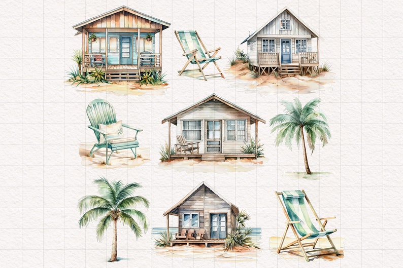 May include: Watercolor illustration of beach houses, palm trees, and beach chairs. The houses are painted in shades of blue, white, and brown. The palm trees have green leaves and brown trunks. The beach chairs are painted in shades of blue and green.