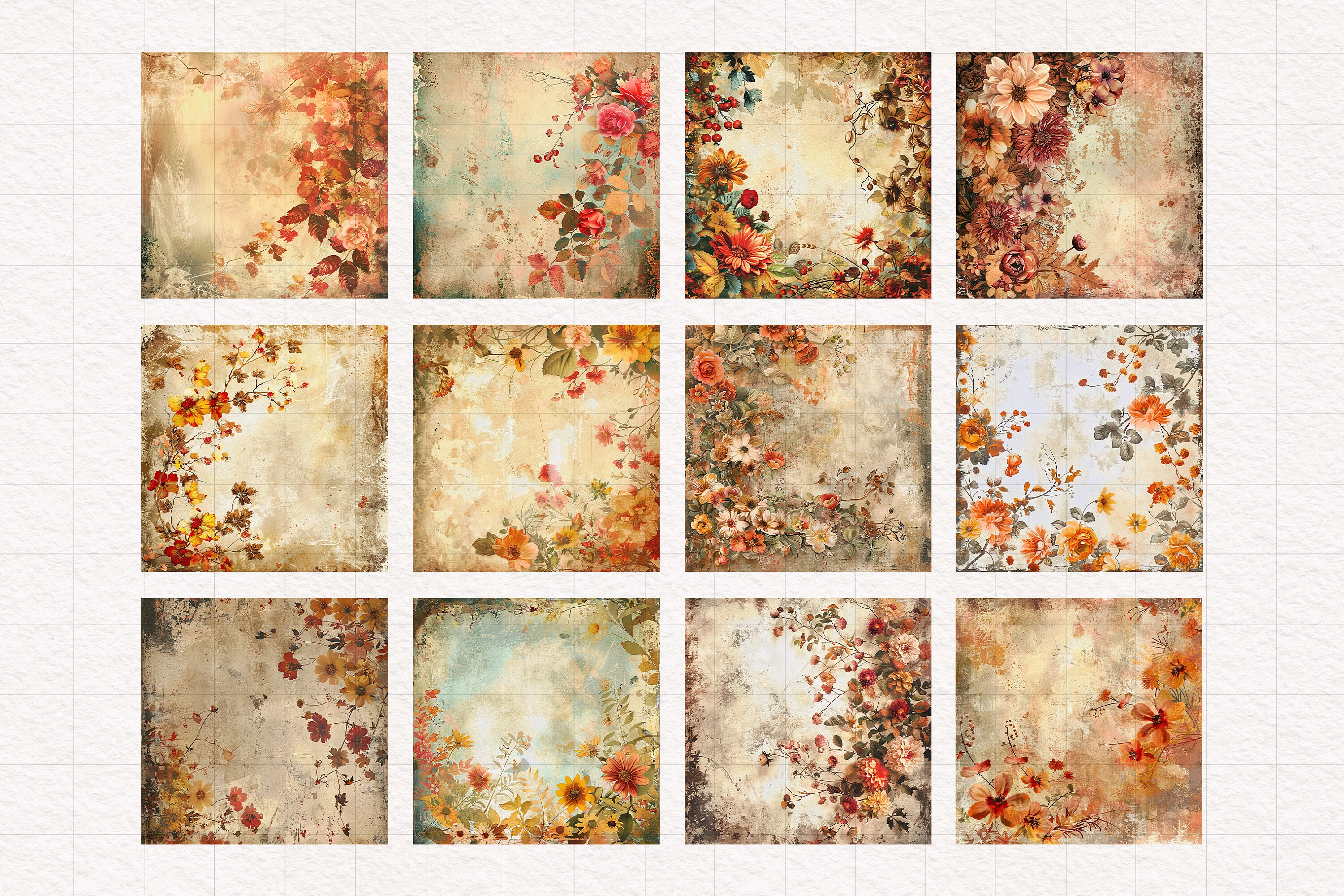 Shabby Autumn Digital Paper PNG Vintage Fall Background Rustic Floral ...