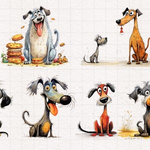 K&ouml;nnte beinhalten: Eine Sammlung skurriler Cartoon-Hunde-Illustrationen. Die Hunde werden in verschiedenen Posen und Farben dargestellt, mit &uuml;bertriebenen Merkmalen und Ausdr&uuml;cken. Ein Hund ist blau und sitzt neben einem Stapel Pfannkuchen.