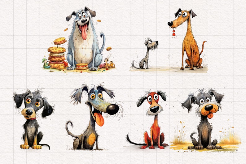 K&ouml;nnte beinhalten: Eine Sammlung skurriler Cartoon-Hunde-Illustrationen. Die Hunde werden in verschiedenen Posen und Farben dargestellt, mit &uuml;bertriebenen Merkmalen und Ausdr&uuml;cken. Ein Hund ist blau und sitzt neben einem Stapel Pfannkuchen.