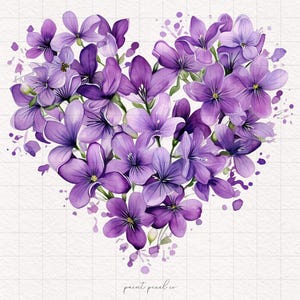 4 Corações Florais Roxos PNG Flores Roxas Coração Clipart Dia dos Namorados Aquarela Sublimação Papel Artesanal Junk Journal Kit Imprimível Feriado