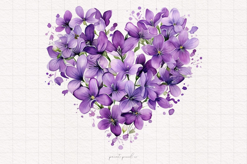4 lila blommiga hjärtan PNG lila blommor hjärta clipart alla hjärtans dag akvarell sublimeringspapper hantverk skräpjournal kit utskrivbart högtid bild 1