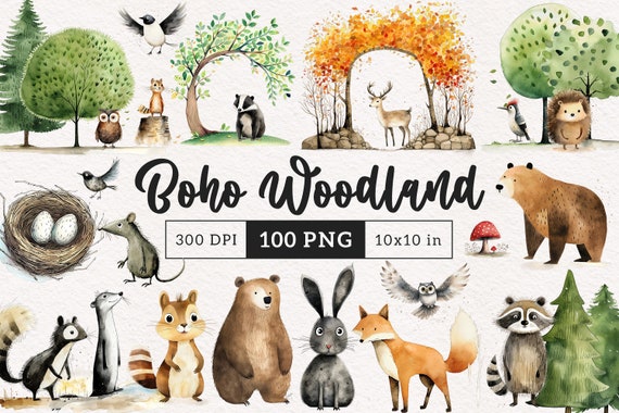 Cute Boho Woodland Clipart PNG Forest Animals PNG Watercolor Animal Autumn Tree canopies Summer Woodland Baby Shower Jungle Nursery Decor