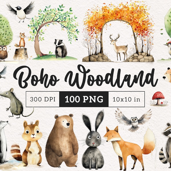 Cute Boho Woodland Clipart PNG Forest Animals PNG Watercolor Animal Autumn Tree canopies Summer Woodland Baby Shower Jungle Nursery Decor