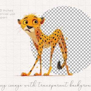 May include: A cartoon cheetah with a surprised expression, standing on a transparent background. The cheetah is orange and black with a white chest and belly. The cheetah is 10 inches by 10 inches and is for commercial use.