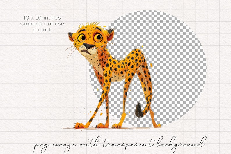 May include: A cartoon cheetah with a surprised expression, standing on a transparent background. The cheetah is orange and black with a white chest and belly. The cheetah is 10 inches by 10 inches and is for commercial use.