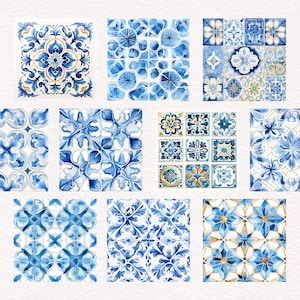 May include: Collection of watercolor tiles in shades of blue and gold. Each tile features a unique floral or geometric pattern, with intricate details and a vintage aesthetic. The tiles are arranged on a white background.
