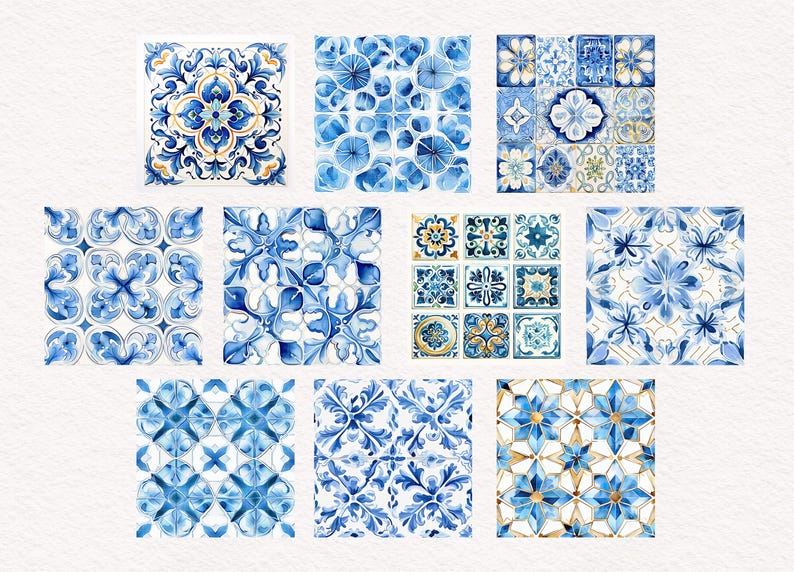 May include: Collection of watercolor tiles in shades of blue and gold. Each tile features a unique floral or geometric pattern, with intricate details and a vintage aesthetic. The tiles are arranged on a white background.