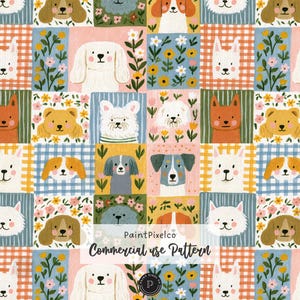 May include: A repeating pattern featuring various dog breeds, floral arrangements, and checkered backgrounds in shades of pink, blue, orange, and green. The text PaintPixelco Commercial use Pattern is centred over the design in a black script font.