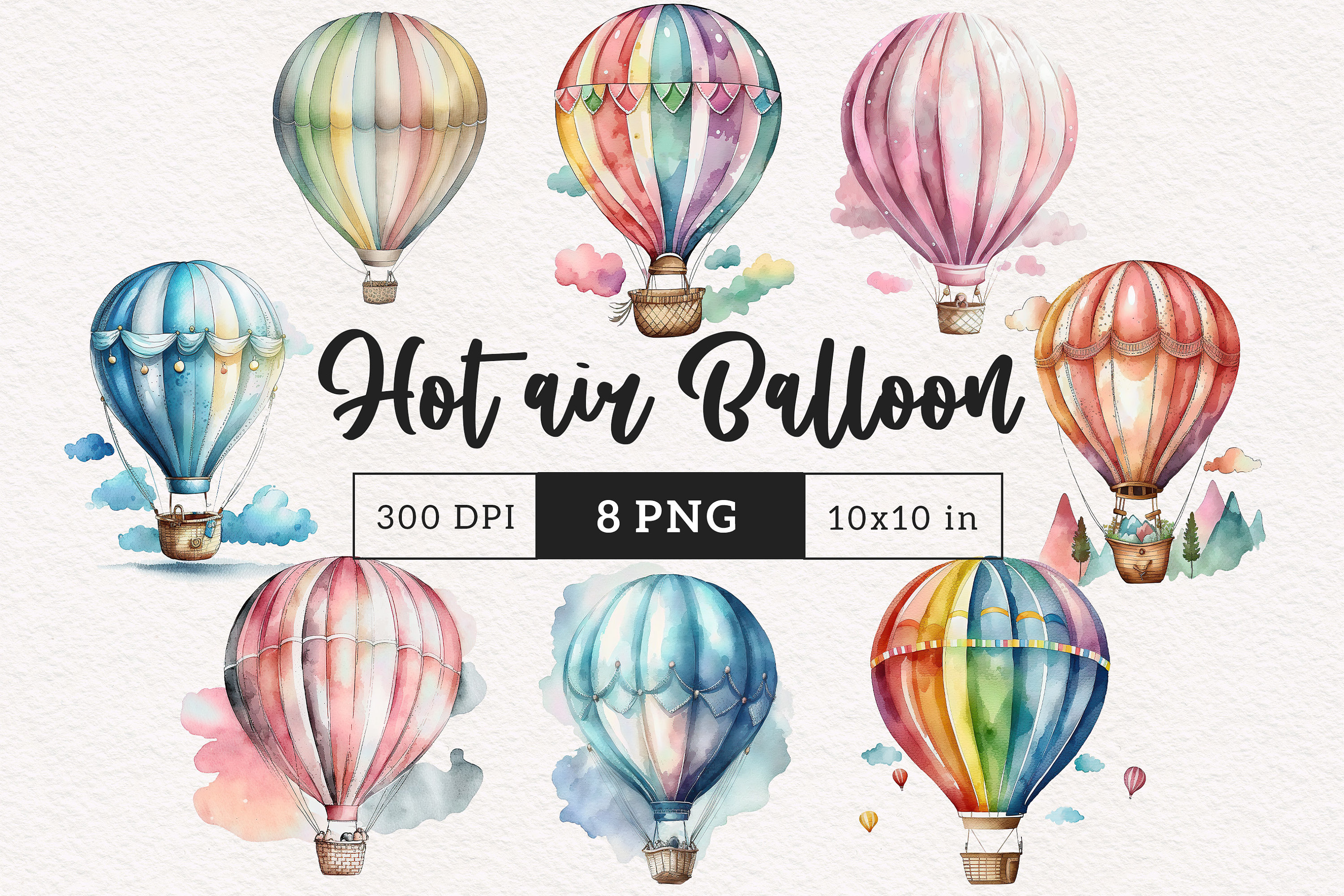 Watercolor Hot Air Balloon PNG clipart Rainbow Balloon Sublimation Junk Journal Crafting Nursery Art scrapbook stickers Free commercial use