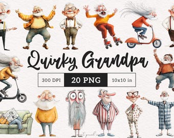 May include: A set of 20 digital illustrations of quirky grandpas in various poses and expressions. The illustrations are in a cartoon style and feature a variety of colors and patterns. The illustrations are perfect for use in scrapbooking, card making, and other creative projects.