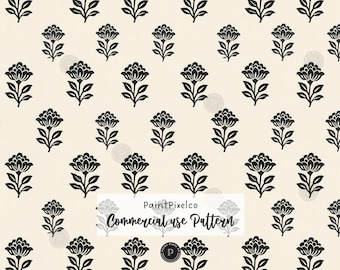 Charcoal Floral Block Print Ethnic Seamless Pattern Monochrome Design Background (Commercial Use) (Digital Download)