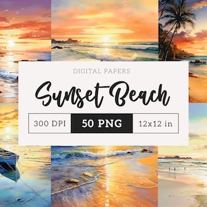 Sunset Beach Digital Paper Set PNG Sunrise Beach backdrop Ocean graphics waves wedding background Junk Journal Scrapbooking 12x12 paper