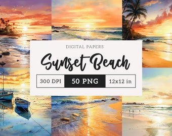 Sunset Beach Digital Paper Set PNG Sunrise Beach backdrop Ocean graphics waves wedding background Junk Journal Scrapbooking 12x12 paper