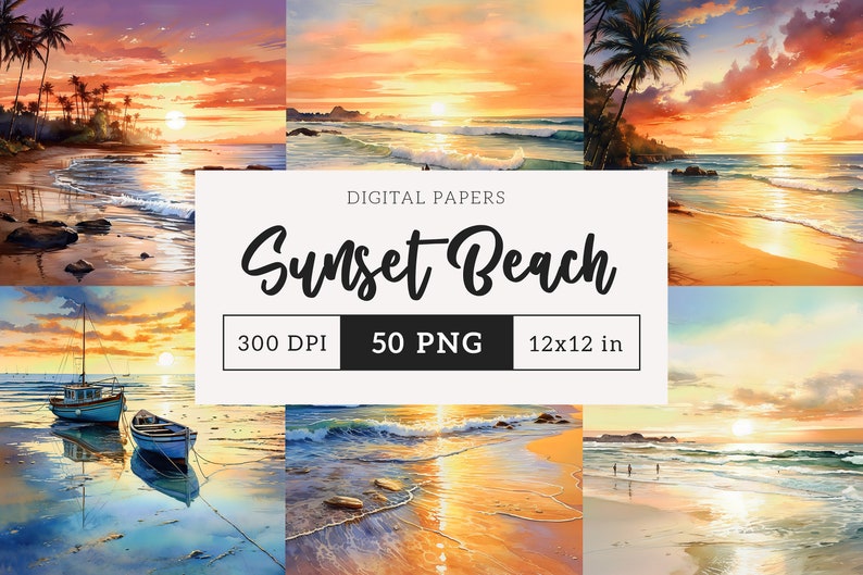 May include: A digital paper pack featuring 50 sunset beach scenes. The images are 12x12 inches and 300 DPI. The images feature a variety of beach scenes, including palm trees, boats, and waves.