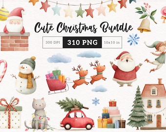Cute Christmas clipart Watercolor Minimalist Holiday PNG Nordic Christmas characters Sublimation Xmas Santa Snowman Reindeer Commercial Use