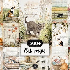 May include: A collage of vintage-style cat illustrations. The image features various cat breeds in different settings, including gardens, interiors, and landscapes. The text "500+ Cat pages" is displayed on a white banner.