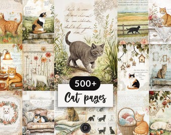 Cat Junk Journal Pages - Pet Rustic Floral Cat Printable - Animal Scrapbook Cats Ephemera Shabby Chic - Kitten Digital Backgrounds JPG