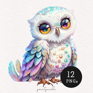 Hiboux blancs scintillants clipart mignon harfang des neiges PNG clipart mystique Sublimation indésirable journal Chibi oiseau imprimable Scrapbooking images artisanales