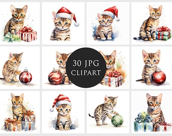 30 Bengal Cat Christmas Clipart High Quality JPGs Holiday cats sublimation Scrapbook Junk Journal Digital paper crafting Commercial License