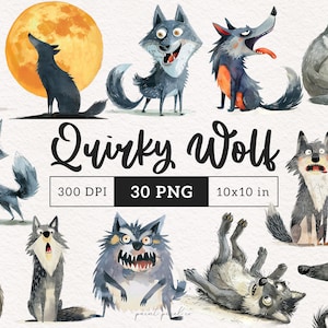 Quirky Wolf PNG Engraçado Lobos Clipart Silly Woodland Animals Whimsical Forest Wildlife Sublimação Cartoon Lobo Uivando Lua Cheia Lobo Selva
