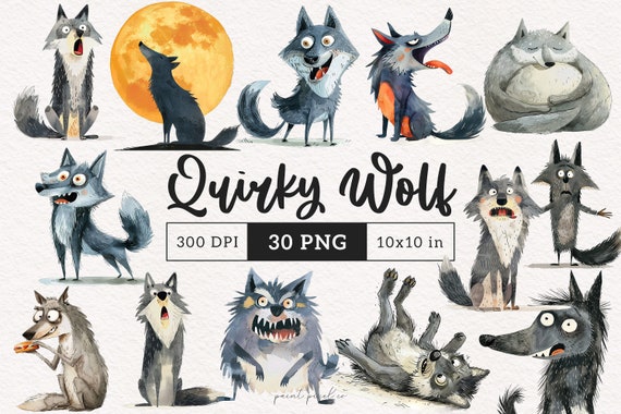 Quirky Wolf PNG Funny Wolves Clipart Silly Woodland Animals Whimsical Forest wildlife Sublimation Cartoon Wolf Howling Full Moon Wolf Jungle