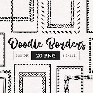 20 Doodle Borders PNG clipart de borda desenhada à mão Molduras pretas e brancas para impressão tamanho carta dos EUA 8,5 x 11 polegadas uso comercial Elementos de design