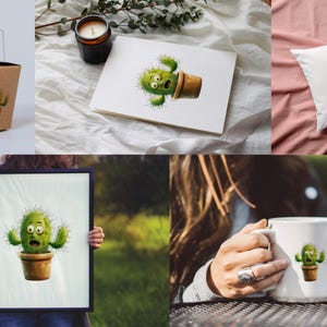 Pu&ograve; includere: Un set di quattro illustrazioni con un cactus dei cartoni animati con un'espressione sorpresa. Il cactus &egrave; in un vaso marrone e viene mostrato su una tazza bianca, un cuscino, un contenitore da asporto e una stampa incorniciata.