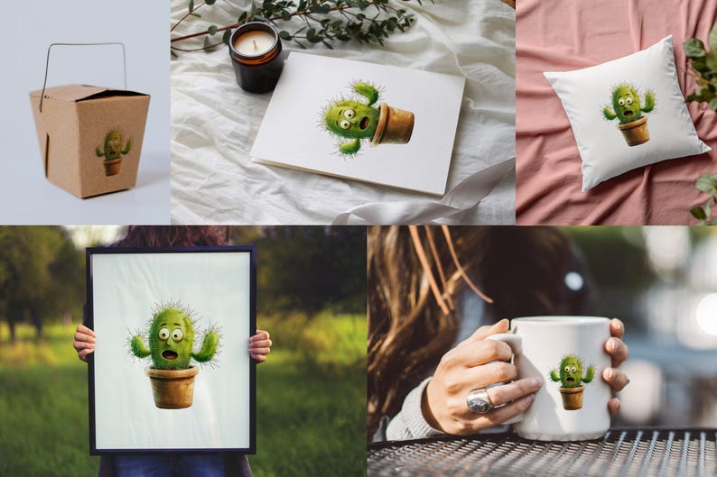 Pu&ograve; includere: Un set di quattro illustrazioni con un cactus dei cartoni animati con un'espressione sorpresa. Il cactus &egrave; in un vaso marrone e viene mostrato su una tazza bianca, un cuscino, un contenitore da asporto e una stampa incorniciata.
