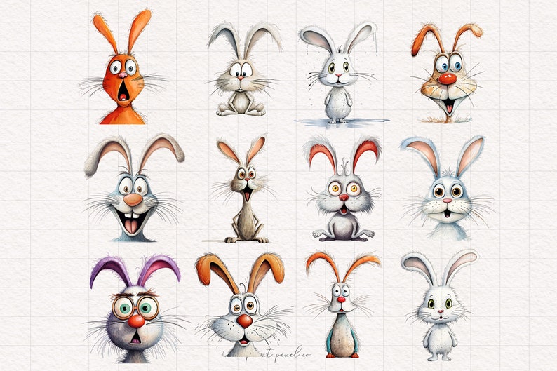 May include: A digital illustration of 12 cartoon rabbits with different expressions. The rabbits are drawn in a whimsical style with bright colors and exaggerated features. The rabbits are all facing forward and have large eyes and ears.