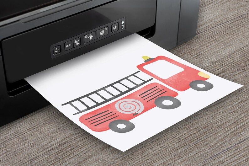 May include: A red fire truck with black wheels and a ladder on the side. The truck has a white spiral hose and a yellow light on top. The image is printed on a white sheet of paper.