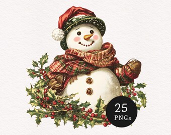 May include: A vintage illustration of a snowman wearing a red hat and plaid scarf, surrounded by holly and berries. The snowman has a carrot nose, button eyes, and a smiling mouth. The image includes a black circle with the text "25 PNGs".