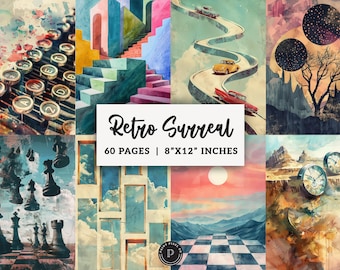 Retro Surreal Junk Journal Pages - Whimsical Mixed Media Printable - Psychedelic Scrapbook Ephemera Digital Backgrounds JPG