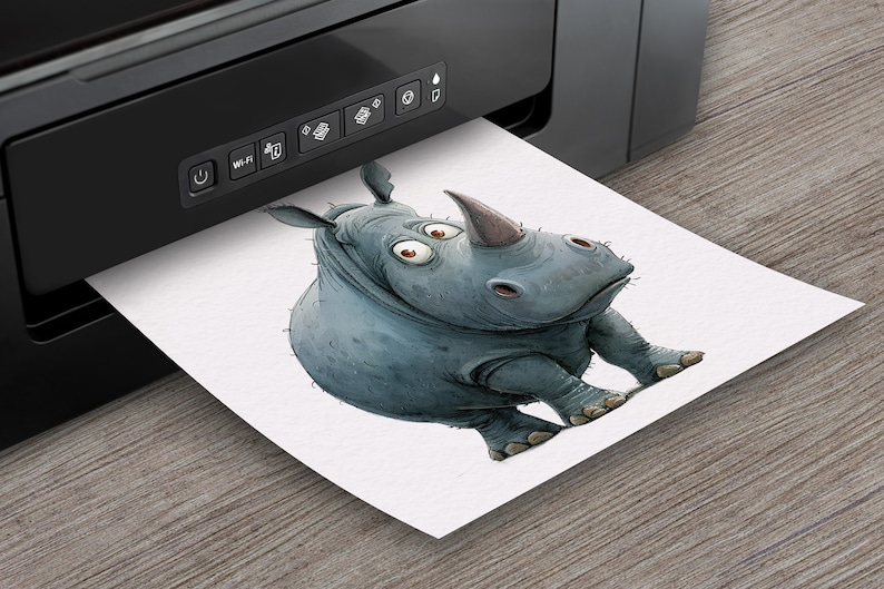 May include: A cartoon illustration of a gray rhinoceros with large eyes and a surprised expression. The rhino is printed on a white sheet of paper coming out of a black printer.