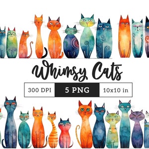 Grillige katten clipart PNG bundel aquarel eigenzinnige kitten eigenzinnigheid sublimatie overdracht clip art schattige grafische illustratie langwerpige kat