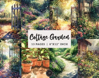 May include: A digital art print titled "Cottage Garden" featuring multiple watercolor scenes of garden paths, gates, and flower beds. The print is 8"x12" inches and contains 13 pages. The overall color palette is soft and inviting.