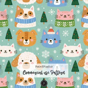 May include: A repeating pattern on a light green background featuring illustrated cats and dogs with winter accessories like scarves and hats, interspersed with small green pine trees and white snowflakes. Text reads PaintPixelco Commercial use Pattern.