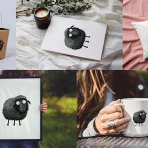May include: A set of black sheep illustrations on various products, including a mug, pillow, tote bag, and framed print. The sheep has large eyes and a whimsical expression.