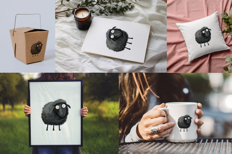 May include: A set of black sheep illustrations on various products, including a mug, pillow, tote bag, and framed print. The sheep has large eyes and a whimsical expression.
