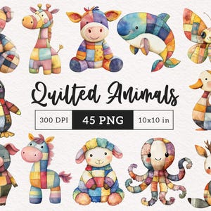 Patchwork Animal Clipart Cute Animals PNG Soft whimsical Animals Quilted Sublimation Junk Journal Printable Scrapbook card making graphics