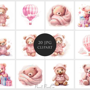 Teddy Bear Clipart High Quality JPGs Pink Baby shower girl JPG clip art Sublimation Scrapbook Junk Journal Paper crafting Commercial License