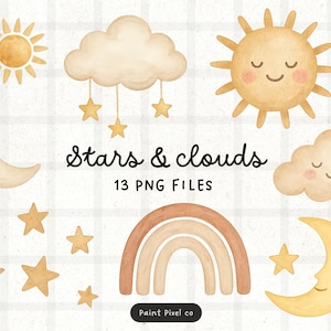 Puede incluir: Ilustraciones en acuarela de elementos celestiales, incluyendo soles, nubes, lunas, estrellas y un arcoíris. También se incluye el texto "Stars & Clouds" y "13 PNG FILES". La paleta de colores es suave y cálida, con tonos beige, amarillo y marrón.