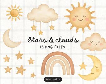 May include: Watercolor illustrations of celestial elements, including suns, clouds, moons, stars, and a rainbow. The text "Stars & Clouds" and "13 PNG FILES" are also included. The color palette is soft and warm, with shades of beige, yellow, and brown.