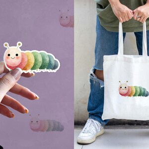 May include: A colorful caterpillar sticker and tote bag. The sticker is held by a hand and features a smiling caterpillar with segments in shades of red, yellow, green, and blue. The tote bag has the same caterpillar design.