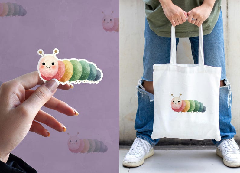 May include: A colorful caterpillar sticker and tote bag. The sticker is held by a hand and features a smiling caterpillar with segments in shades of red, yellow, green, and blue. The tote bag has the same caterpillar design.