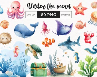 Söt under havet Clipart Havsliv PNG Akvarell Marina djur Fisk Barnrumsgrafik Födelsedag Babyshower Korttillverkning & Inbjudan