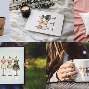 May include: Three watercolor illustrations of dress forms wearing different dresses. The dress forms are on a white background. The dresses are a black dress, a pink dress, and a yellow dress.