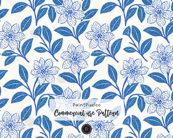 Blue Floral Seamless Pattern Organic Botanical Design Cottagecore Digital Paper Background (Commercial Use) (Digital Download)