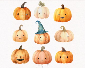 20 uroczych dyni na Halloween Clipart Akwarela Straszny wystrój dyni Gotycki Horror PNG Świąteczna karta graficzna do tworzenia użytku komercyjnego Pobierz